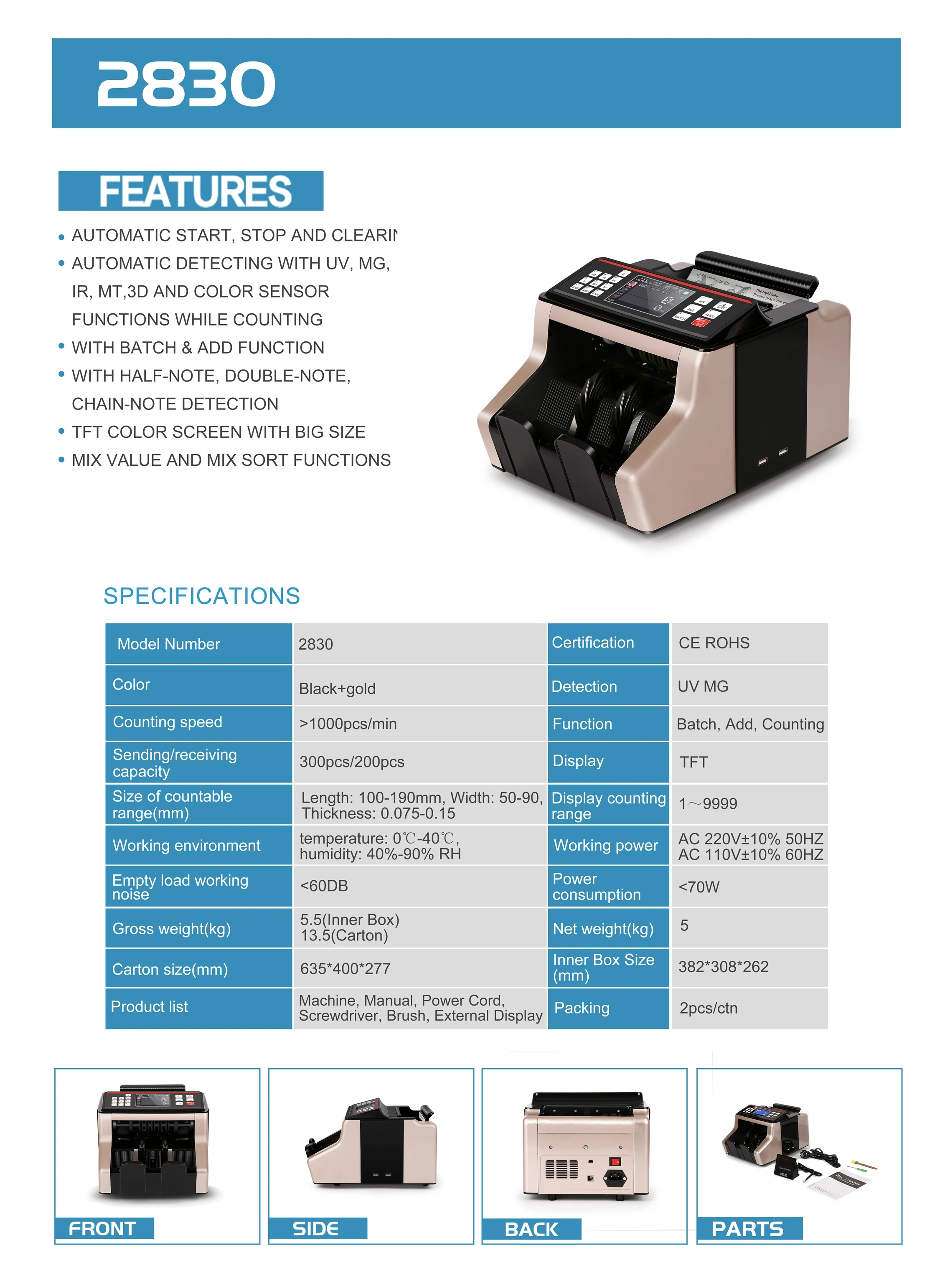 Model 2830 TFT Screen Money Counter Machine with Value Function