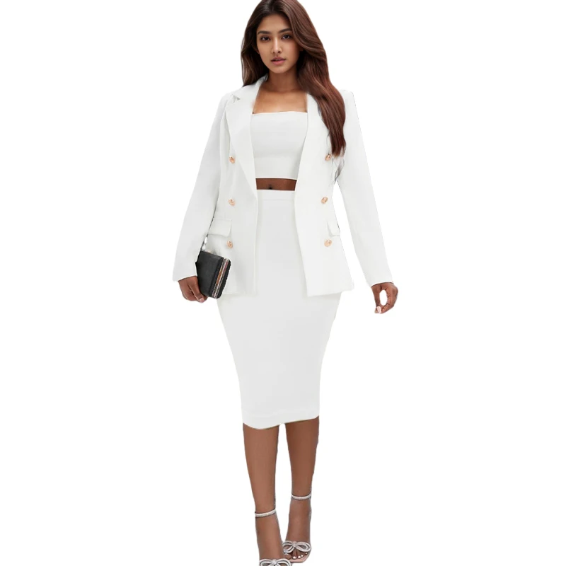 E0113ME26 Hot Sale Solid Color Modest Two Piece Summer Blazer and Skirt Set  for Women Sehe Fashion