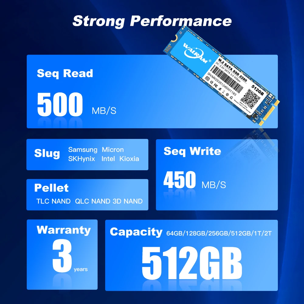 SaiChi 128GB M.2 2280 SATA III Internal SSD – D500-M.2-128GB – Read/Write 500MB/s
