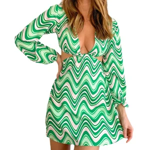 Custom Designer Fashion Female Summer Lady Women Wholesale Y2k Green Twist Swirl Print Sexy Cut Out Long Sleeve Mini Dress 2026