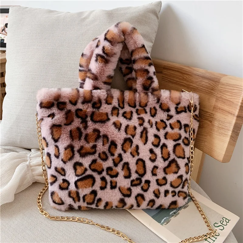 Pwtool Plush Handbag Aesthetic Women Leopard Print Shoulder Bag Fluffy  Clutch Faux Fur Handbag Tote Bag