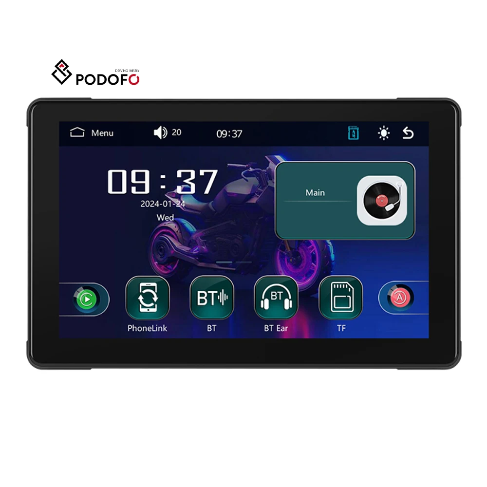 Podofo 7 Inch Portable Wireless Carplay /Android Auto Monitor IP67 Waterproof for Motorcycle Support Airplay Android Cast BT A3614