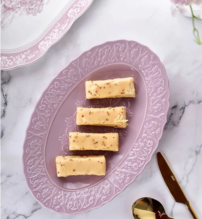 Purple Ceramic Dinnerware Set With Royal Ancient Design Embossed