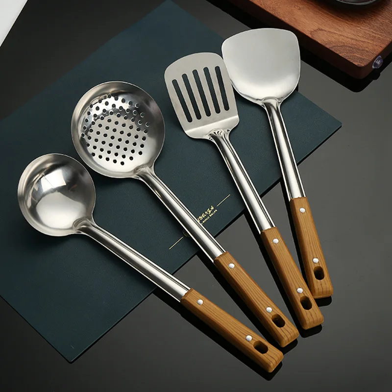 Küchen-Set Aus Edelstahl – Wok-Spatel, Schöpfkelle, Skimmer & Schaufel, Lange Stiele