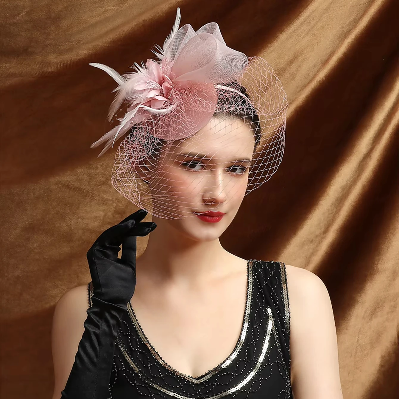 Perfect Retro Hawaiian Elastic Mesh Fascinator Tea Party Flower Feather Fascinator Bride Headband With Veil for Women Ladies
