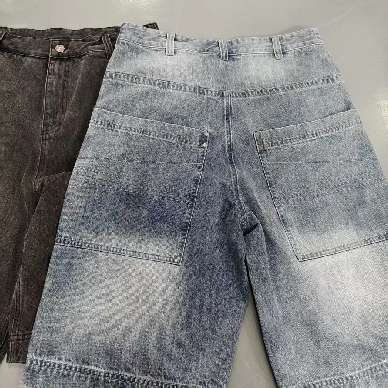 Salati Custom Men'sHeavyweight Denim Shorts Rhinestones Crystal Jorts Vintage Zipper FlyCotton OEM Service Woven Mid gallery 2