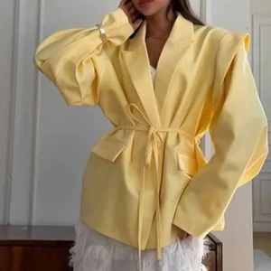 Lace up Shoulder Pad Blazer Coat Women Chic Ladies Commute Outerwear Elegant Turn-down Collar Long Sleeve Pockets Slim Fit Coats