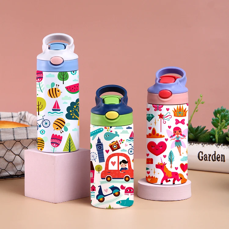 Everich 14oz OEM Carton Pattern Insulated Stainless Steel Vacuum Flask Water Bottles With Straw Lid for Kids