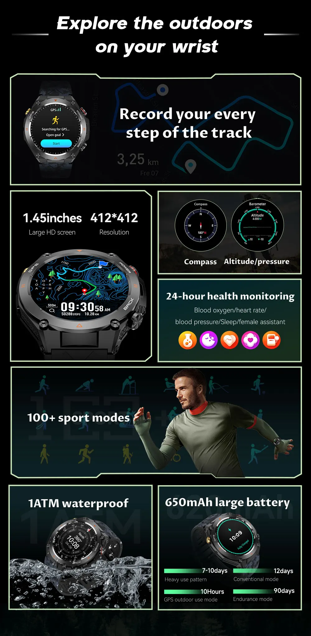 7 heart rate exercise modes sleep tracking gps tracking with altitude air pressure compass alarm clock-3