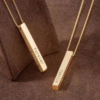 Minimalist Jewelry 18K Gold Engrave Custom Name Personalized Vertical 3D Bar Necklace For Women Men