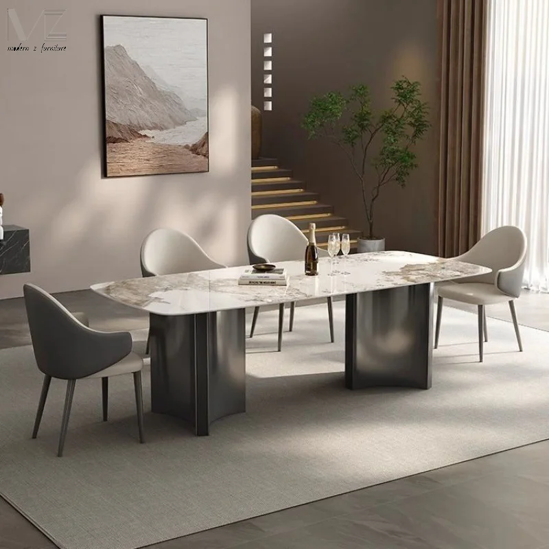 European Luxury Modern Dinning Room Furniture Minimalist Stainless Steel Marble Top Nordic Sintered Stone Dining Table