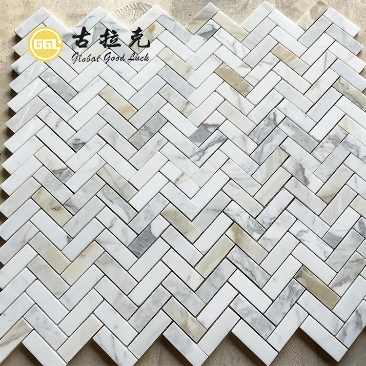 Calacatta Gold Marble Herringbone Marble Mosaic Tile For Bathroom/Kitchen Floor Wall details