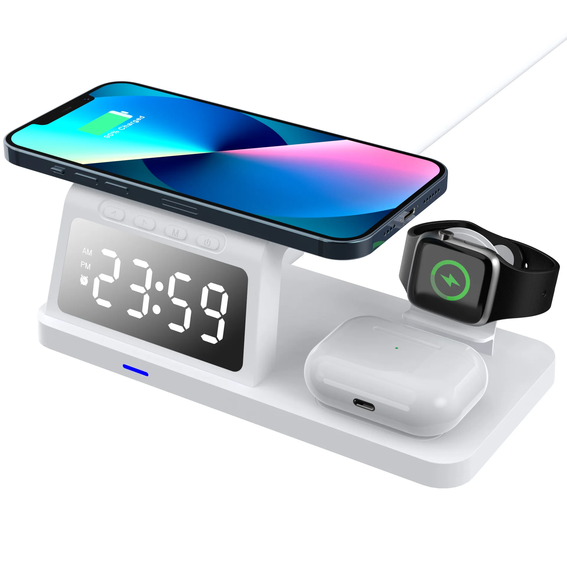 New Products 3in1 Wireless Charger with Alarm Clock HT-506 15W Fast Charging Station for iphone Iwatch Earphone Charger