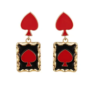Creative Red Heart Playing Card Earrings Retro Heart Design Dripping Oil Versatile Earrings