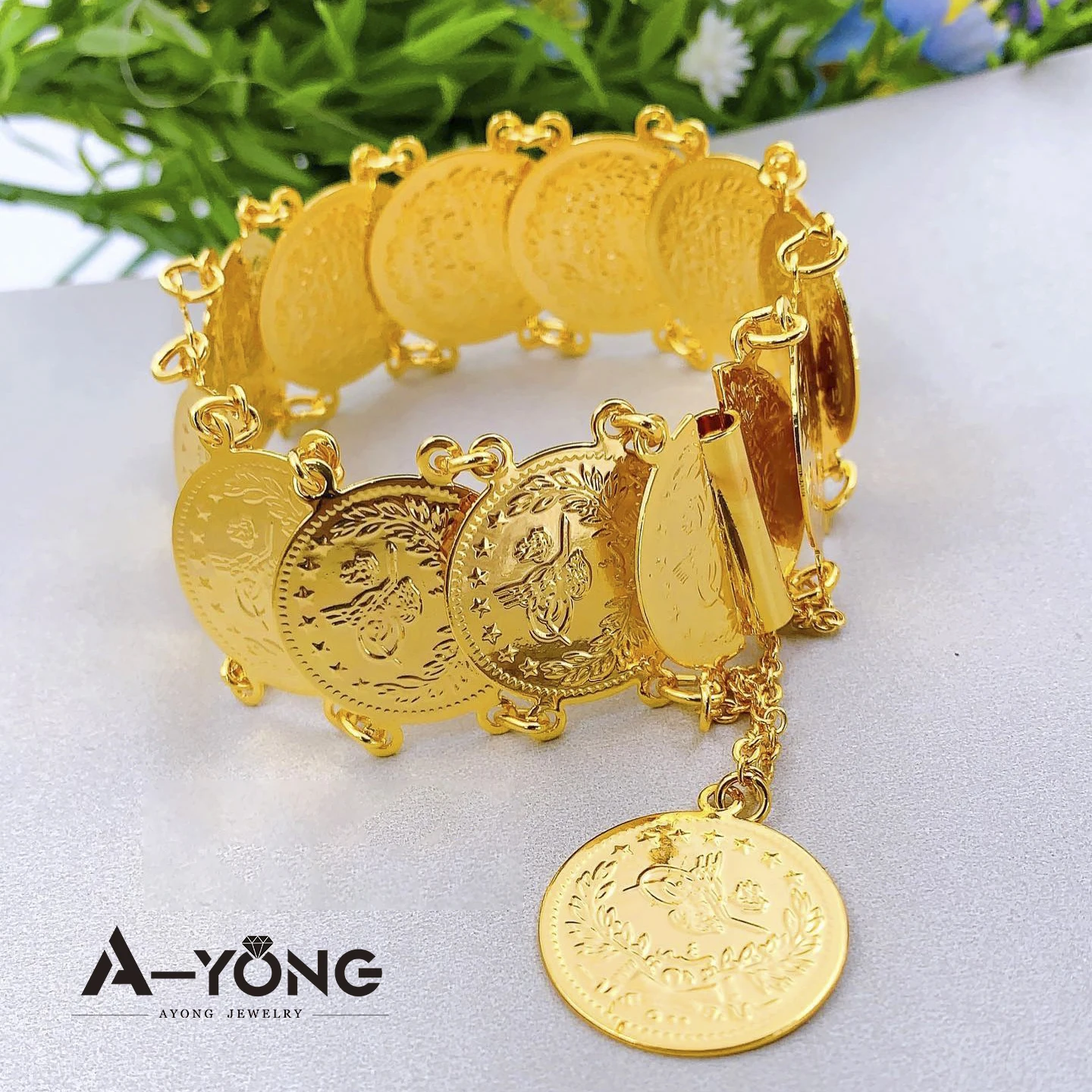オリジナル 24K ゴールドメッキバンブレスレット アラビアデザイン