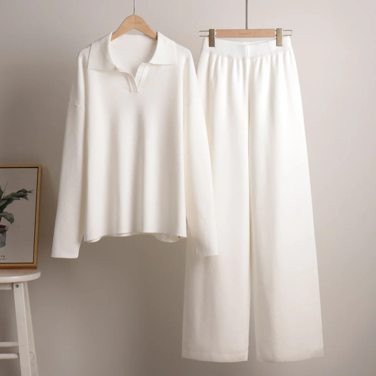 Fashion Casual knitted suit women's European and American Polo neck loose sweater Pullover two-piece