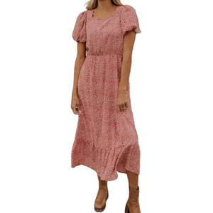 Women's Fashion Casual Wear Dress Bubble Short Sleeve Summer Floral O-Neck Ruffle Midi Chiffon Empire Waist Sweet Dress