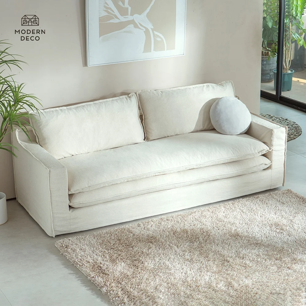 Feather Sofa Duck Down Filled Couch Modern Linen 3 Seater Wabi Sabi Hygge