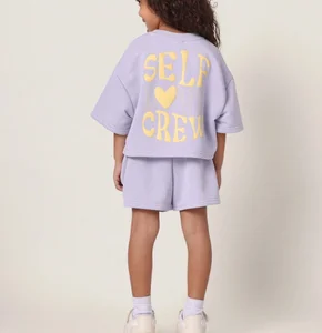 2026 New Summer Girls' Casual Set Short Sleeve Solid Knit 100% Cotton Biker Shorts Outfit Clothing Sets