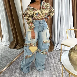 GX25022 Fashion Women Clothes Vendor Denim Street Wear Long Sleeve Unique Print Cropped Jacket and Denim Cargo Pant 2 Piece Set