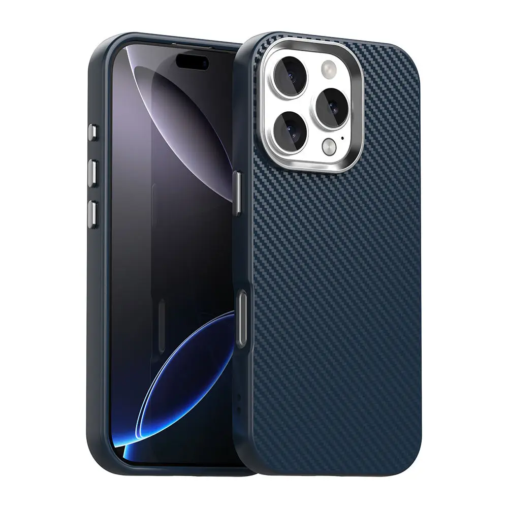 Carbon Fiber Slim Mobile Phone Case Metal button Anti-Drop Full Protective Cover for iPhone 17 Air 12 13 14 16 15 Pro Max