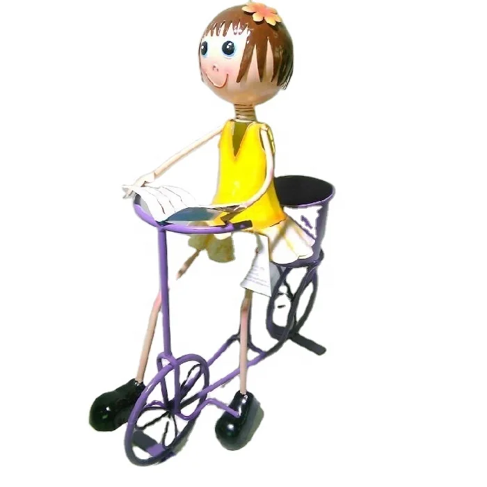 Metal girl ride a bicycle with a pot  bicycle flower planter al bicycle 