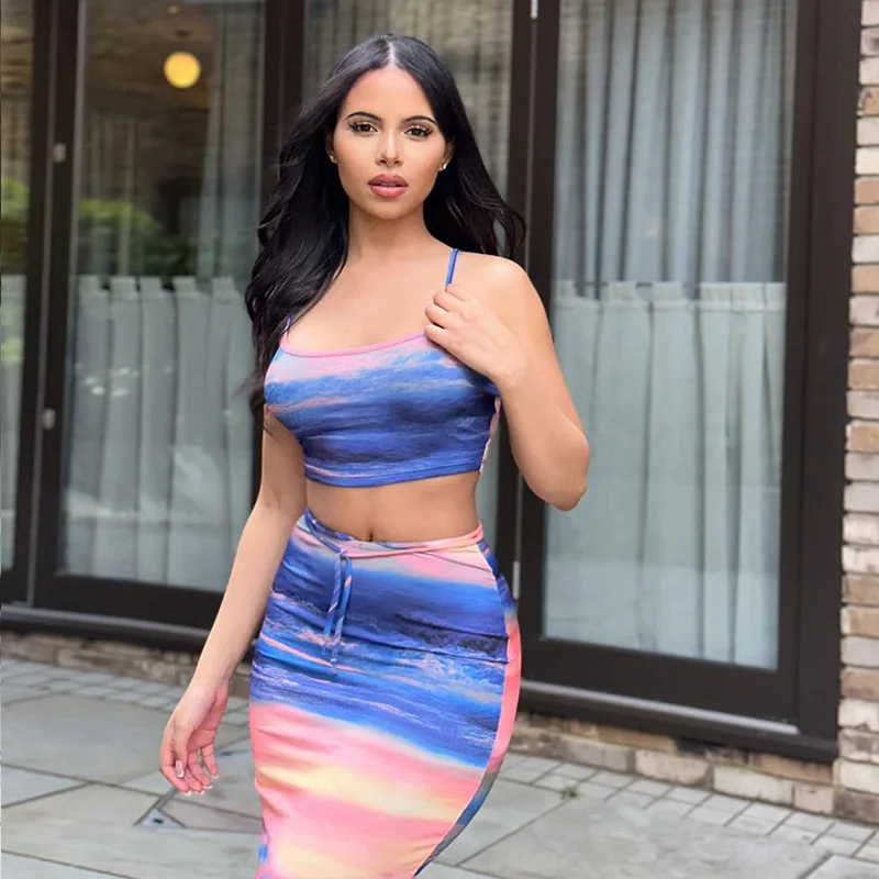 Spaghetti Strap Crop Top and Long Pencil Skirt 2 Piece Set Elegant New Printed Fall 2023 Women Clothes