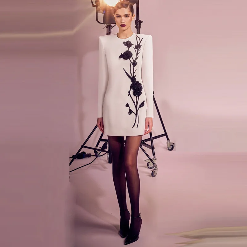 black stitched flowers long sleeve mini dress Black Floral Lace Long Sleeve Ruffle Hem Mini Dress