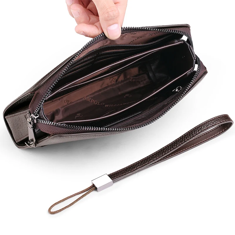 For WILLIAMPOLO Men's Genuine Cow Leather Clutch Wallet with RFID Zipper Closure Business Handbag Purse Coded Lock Mens Wallet