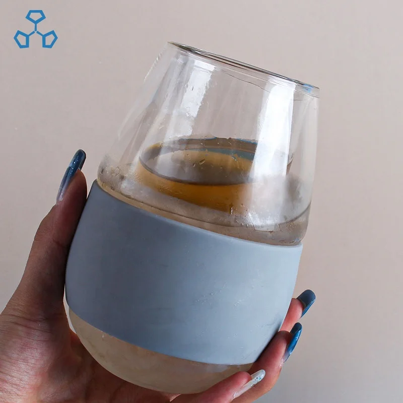 Freeze 12oz Transparent Unique Unbreakable Double Wall Beer Mugs Glasses With Grey Silicone Band