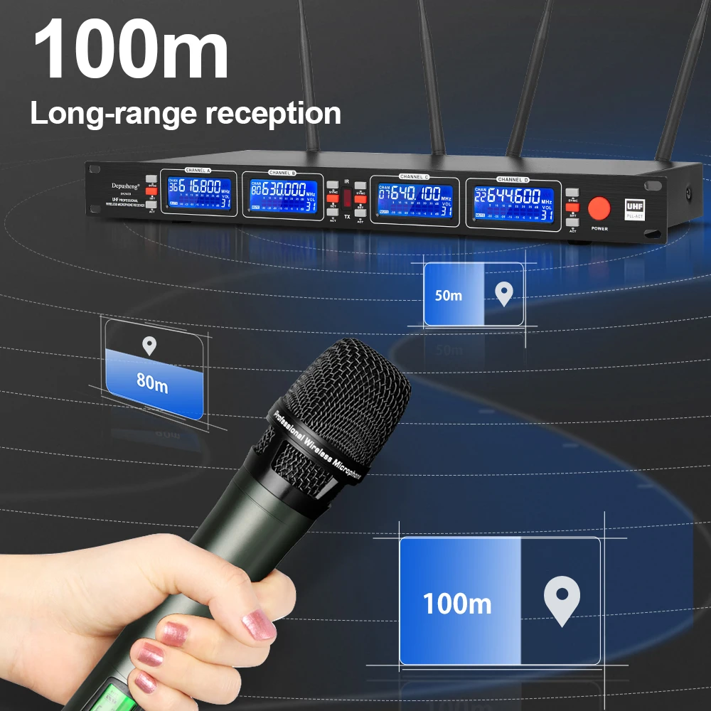 Depusheng DR2400 UHF High Fidelity Performance Conference 4 Channel Wireless Microphone