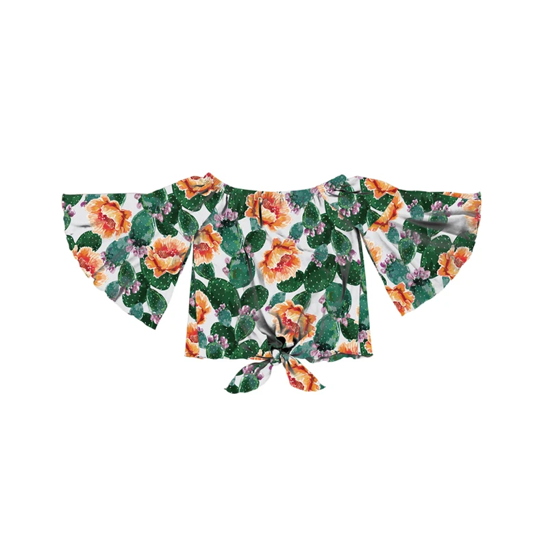 Детские футболки с рукавами-колокольчиками, однотонные футболки с открытыми плечами для маленьких девочек, топы для маленьких девочек с узелком и оборками