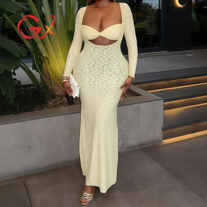 GX8874 Fashion 2026 Spring Fall Clothing Boutique Sexy Street Wear Hollow Out Maxi Dresses Long Sleeve Elegant Yellow Dress