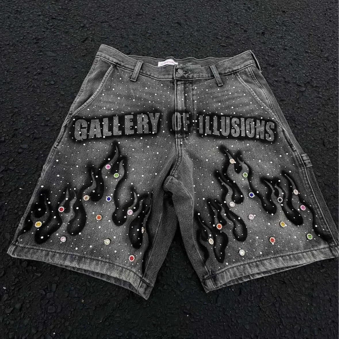 Y2K Summer High-street Fashion Men's Mid Cropped Boot Cut Denim Shorts Hand-painted Prints Rhinestone