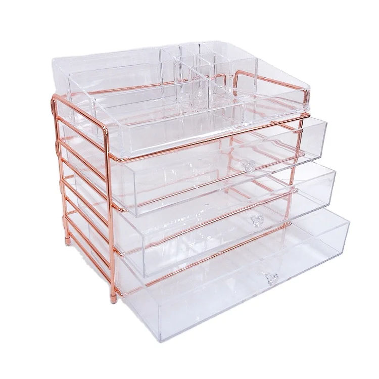Оптовая продажа, акриловый косметический Органайзер с 3 ящиками и золотой металлической рамкой