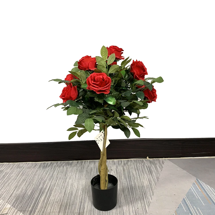 Deep Red Big Rose Flower Tree Artificial Potted Flower Plant Real Touch Natural Appearance For Indoor Decor