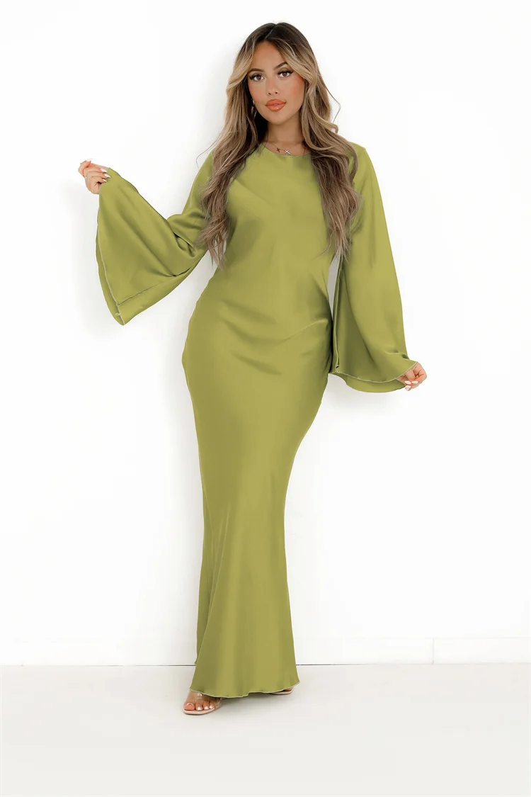 Hot Sale Solid Color Round Neck Flare Sleeve Long Dress High End Satin Slim  Fit Casual Maxi Dresses for Women| Alibaba.com