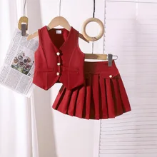 Summer New Fashion 2-Piece Girls' Set Hot-Selling Sleeveless Vest Top and Pleated Skirt with Solid Pattern Children's Clothing
