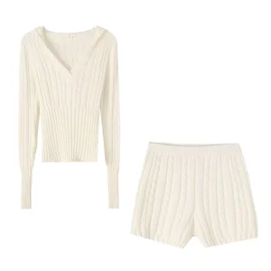 Autumn Solid ELEGANT Slim Hooded Knit Sweater and Knitted Short Pants Two Piece Set for Women