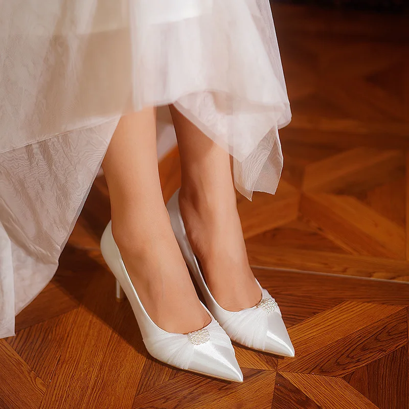 High Quality Satin Material Pointed Toe Stiletto White Luxury Ladies High Heels Shoes For Wedding Party - Image 5