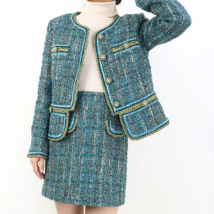 Factory price heavy woven women's jacket set high-waisted tweed two-piece women set