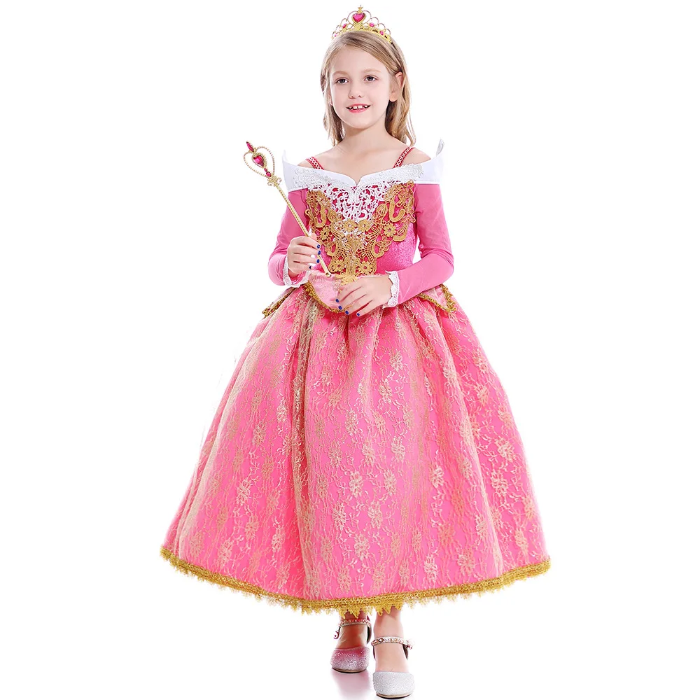 Girls' Birthday Princess Aurora Costume Dress in Pink with Long Sleeves