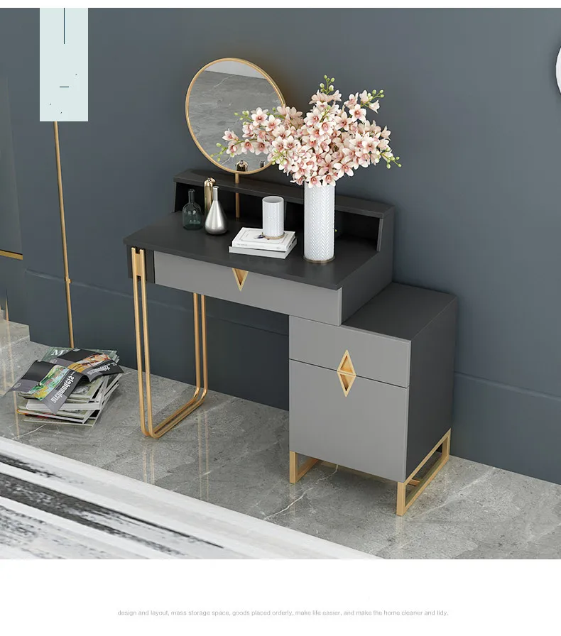 2021 Hot sale beauty living room hotel grey dressing desk set wooden rose gold makeup vanity table