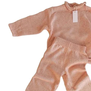 Hot-selling Speckle Sprinkle Cotton Long Sleeve Roll-neck Pullover and Wide Pant Knitted Sweater Baby Clothing Set