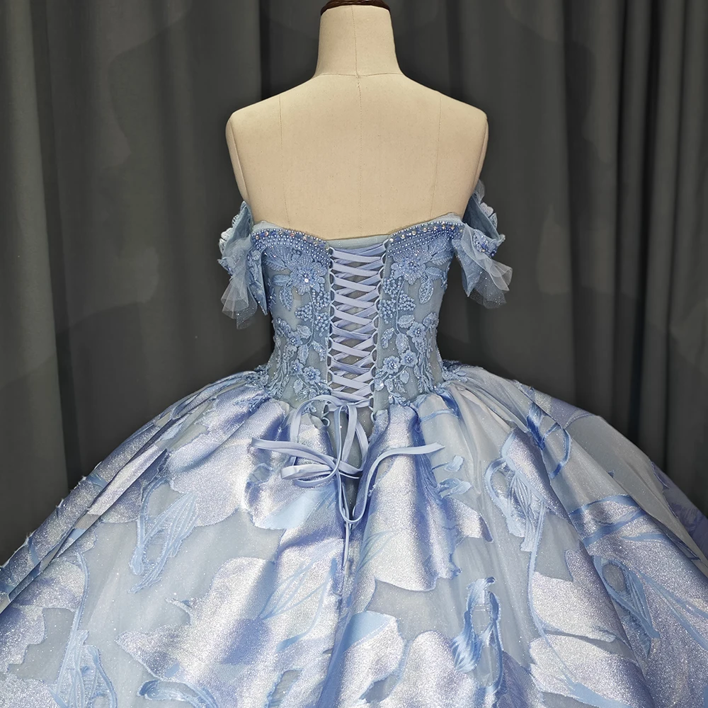 quinceanera dresses blue cinderella Strapless Puff Sleeve Ball Gown by Cinderella Couture 8115J L / Blue main image 0