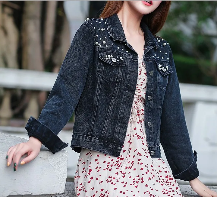 High Quality Casual Jackets Beaded Pearl Loose Long Sleeve Women Blue Plus  Size Jean Jacket