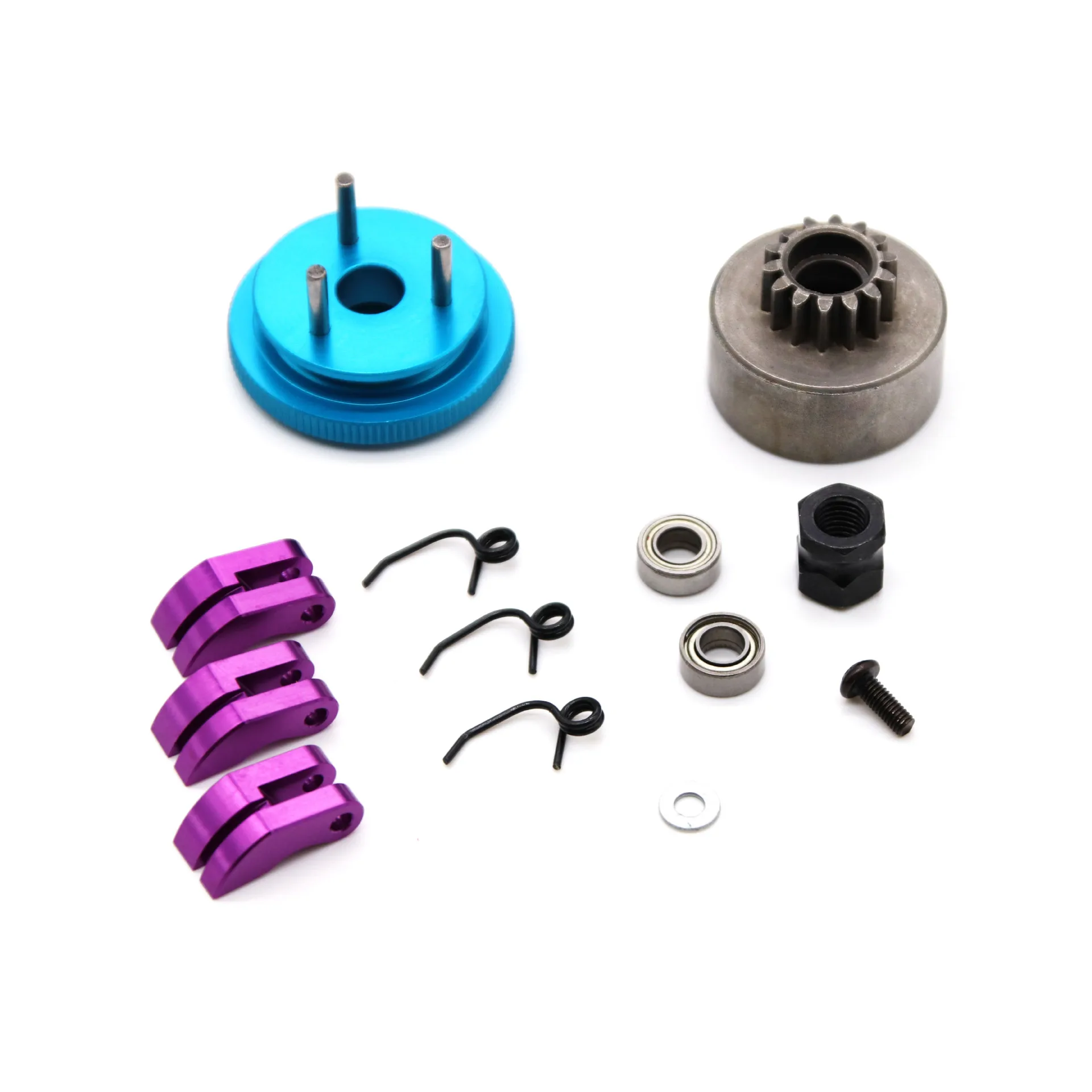 Clutch Bell Shoes Bearing 14T Gear Flywheel Assembly Kit Set Springs Cone Engine Nut for 1/8 RC Hobby Model Nitro Car HPI HSP Traxxas Axial Himoto Silver 