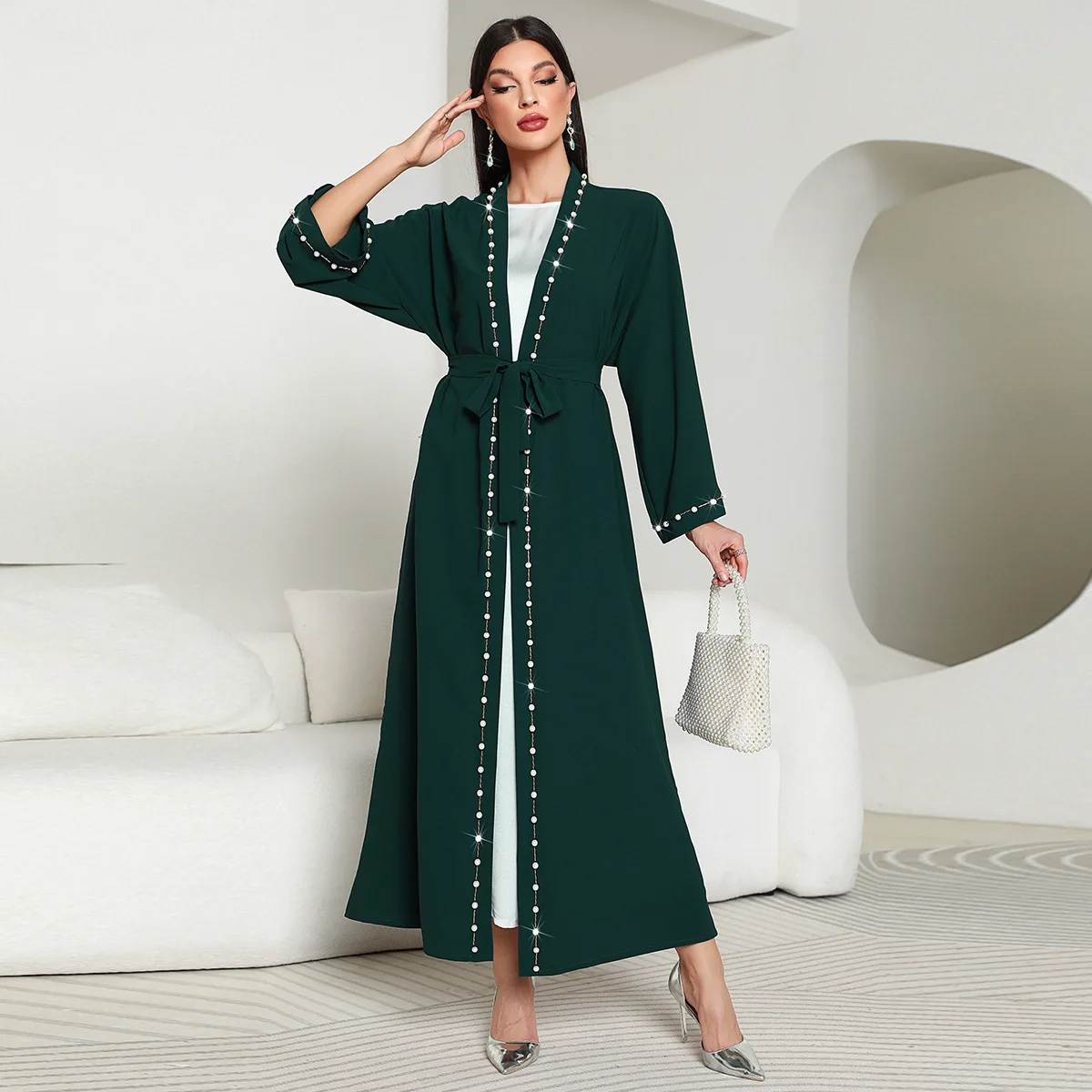 Dark Green Retro Beaded Long Arabic Dress for Women Modest Style with Belt Anti-Static Polyester for Autumn Season Dark Green Retro Beaded Long Arabic Dress for Women Modest Style with Belt Anti-Static Polyester for Autumn Season