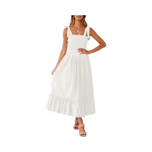 Women's 2025 Summer Bohemian Maxi Dress Casual Square Neck Spaghetti Strap Solid Color Ruffle A-Line Natural Waist Beach Long