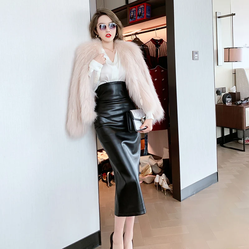 Cuero Falda Leather Skirt Fashion 2019 Knee Length Pencil Skirts